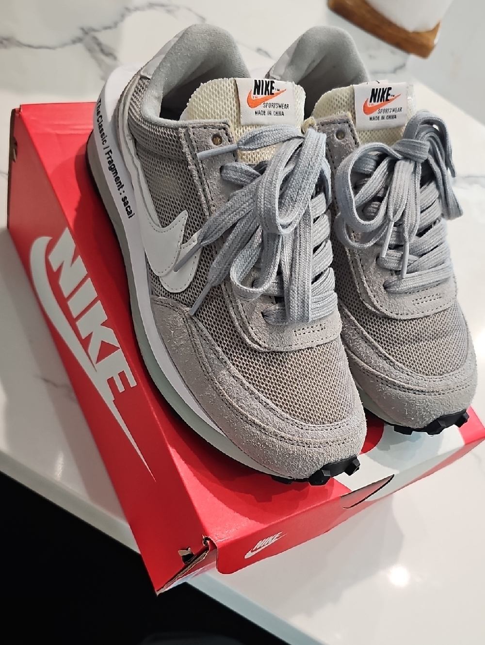 Nike LD Waffle Sacai Fragment Light Gray Suede & Mesh Sneakers with White Swoosh